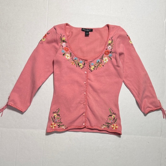 Betsey Johnson Tops - BETSEY JOHNSON Y2K Black Label Pink Floral Embroidered Scoop Neck Cardigan M